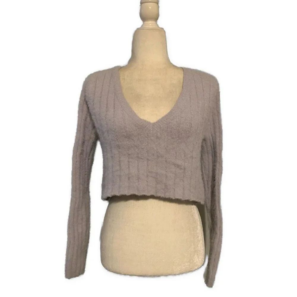 urban outfitters Solid Lavender Purple Crop Fuzzy V Neck Long Sleeve Sweater